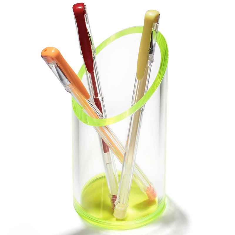 OfficeGoods Acrylic Pen & Pencil Holder - Modern Cylinder Design - Beautiful Desk Organizer for Home or Office - Contrasting Base & Rim - 5.25â€ H x 2.5â€ W - Neon Green - Image 1